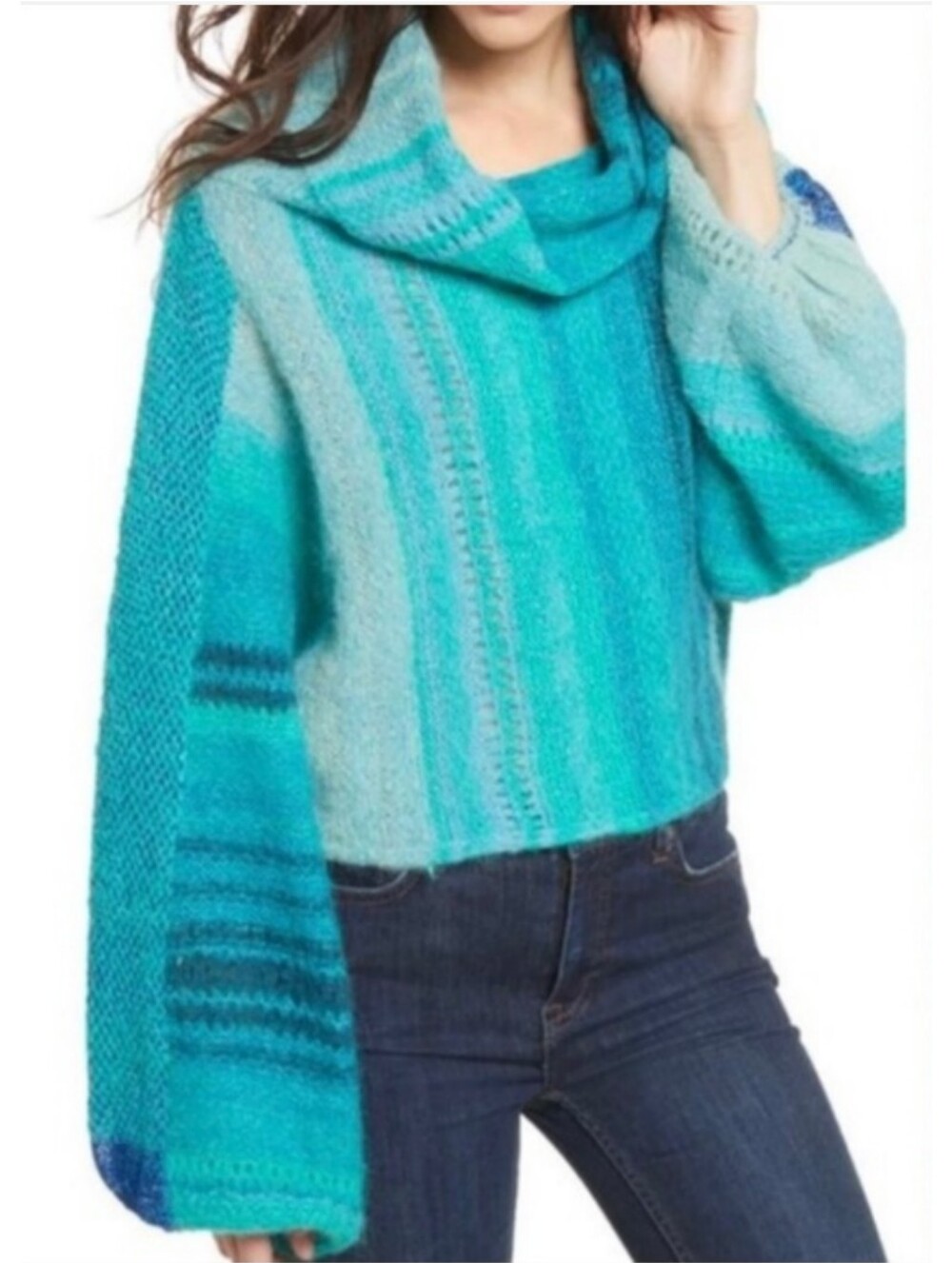 Free People Womens Blue Alpaca Wool Cloud Kicker Crop Oversized Sweater Size M/L